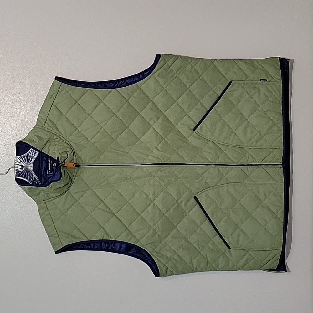 crown & ivy Quilted Olive Green Reversible Vest with Navy Trim
